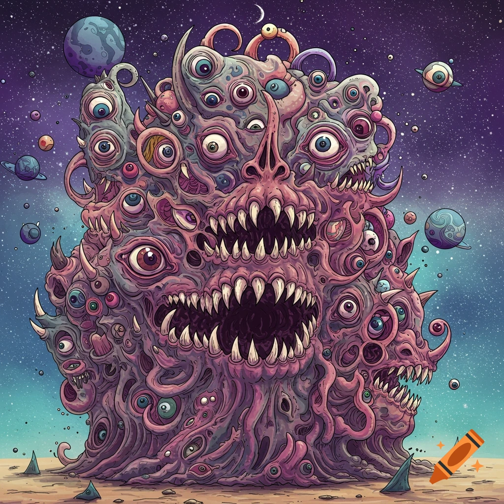 Illustration of a bizarre space monster covered in eyes and mouths under a starry sky with planets.