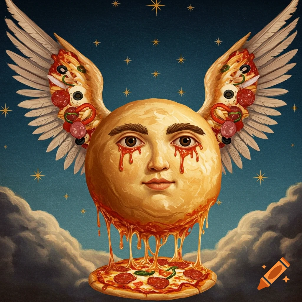 A surreal face with pizza wings and melting pizza tear drops above a pizza against a starry sky.