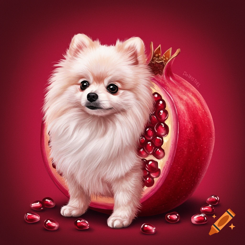 A fluffy Pomeranian puppy sits inside a cut pomegranate with seeds scattered around.