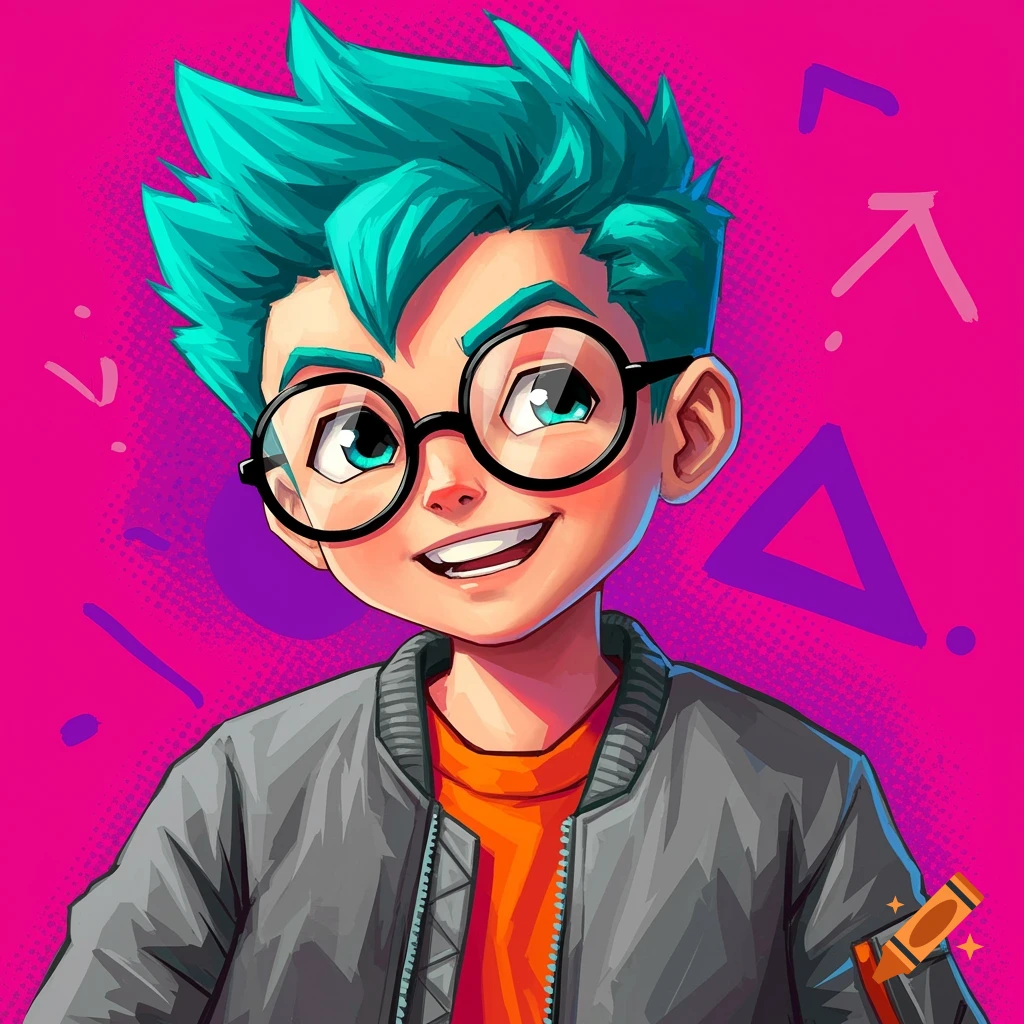 A boy with teal hair and glasses wears a gray bomber jacket against a pink pop art background with geometric shapes.