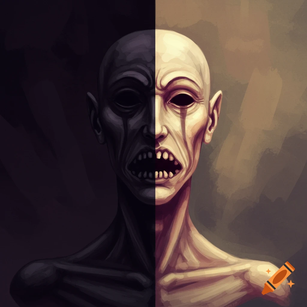 A monstrous creature with a face split vertically, dark on one side and pale on the other, showing teeth in a scream.