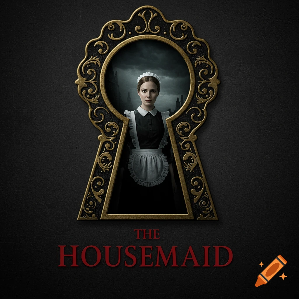 A woman in a maid outfit looks through a large, ornate keyhole. The text 'THE HOUSEMAID' is below. Dark, mysterious style.