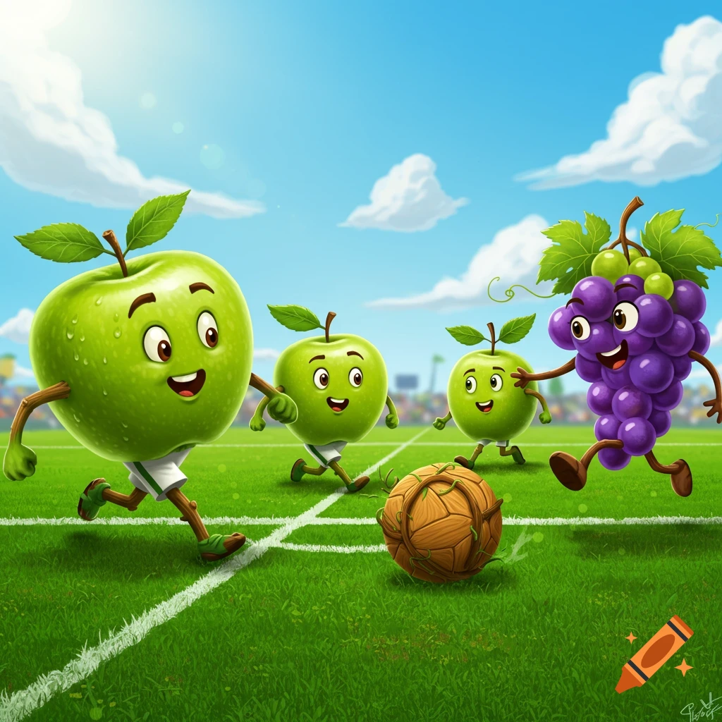 Cartoon apples and grapes playing soccer with a wooden ball on a grassy field.