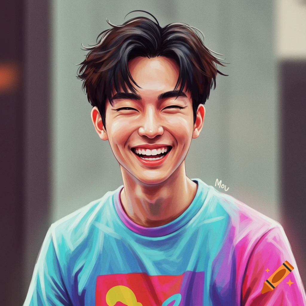 A young man with a wide smile is wearing a colorful shirt.