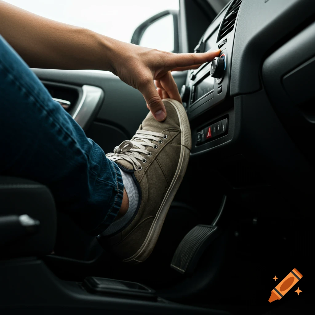 Close-up photo of a person's hand adjusting dashboard controls while their foot is near the car pedals.