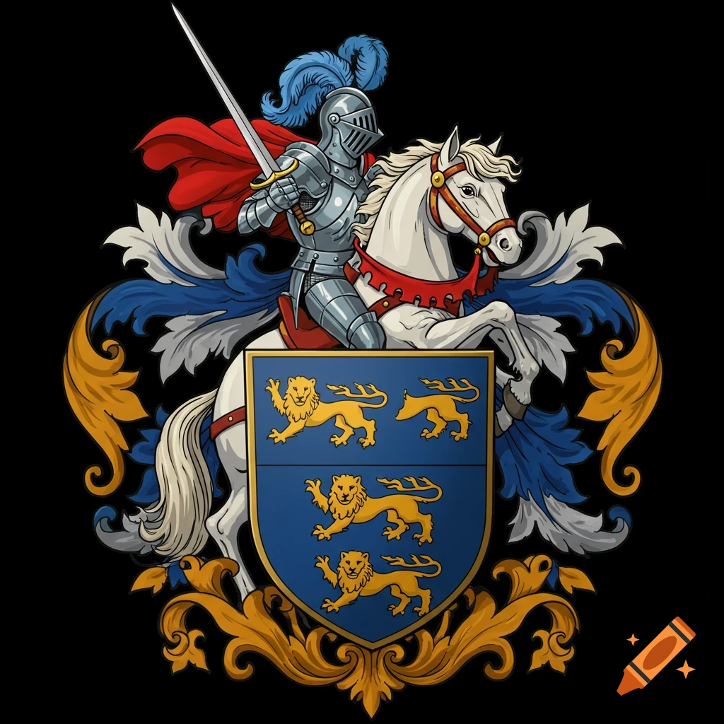 A knight on a white horse, holding a sword and displaying a coat of arms with golden lions on a blue shield.