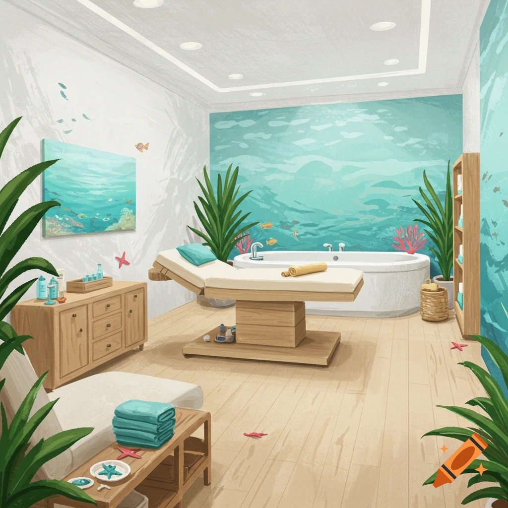 A spa room with ocean themed decor, plants, a massage bed, and a bathtub.
