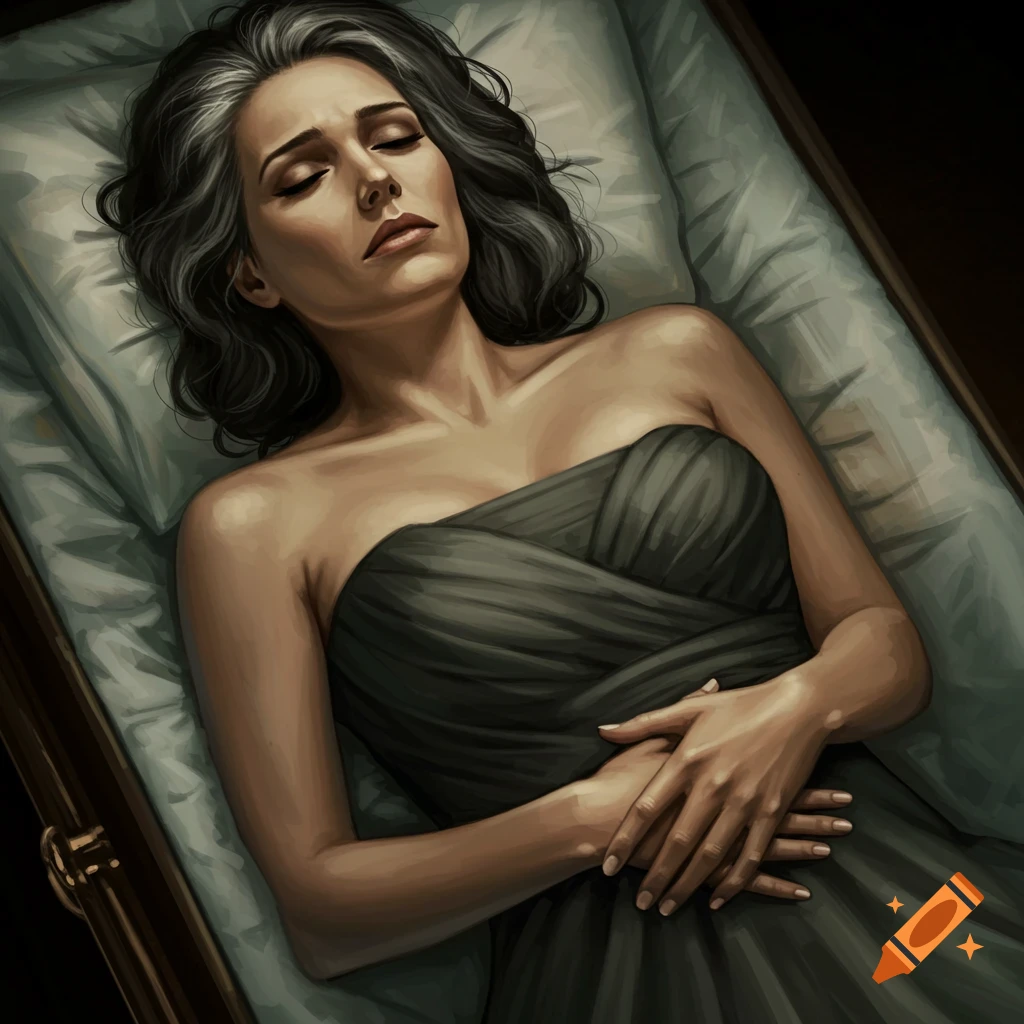A woman is lying in a casket with her hands clasped over her stomach.