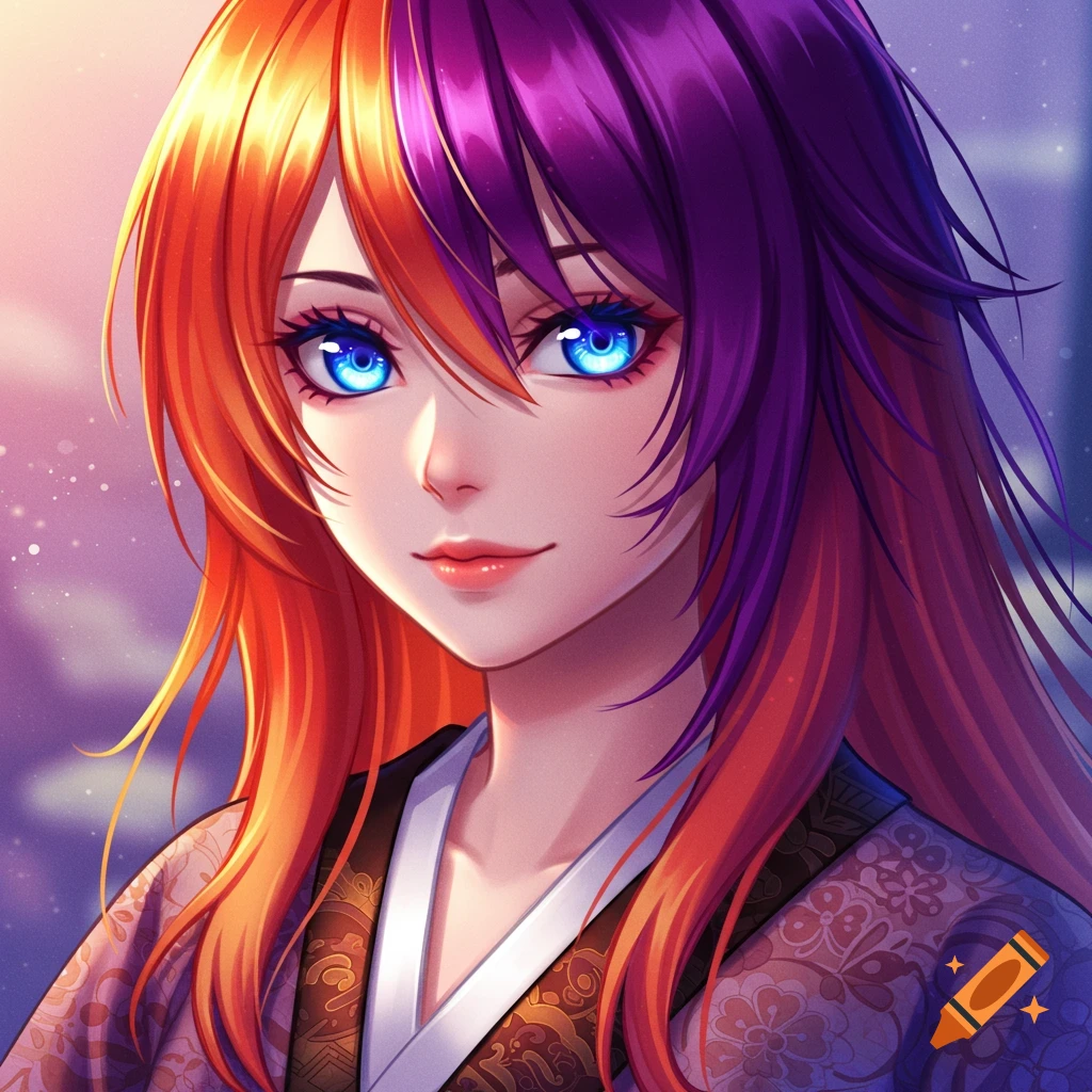 Anime portrait of a woman with orange and purple hair and bright blue eyes.