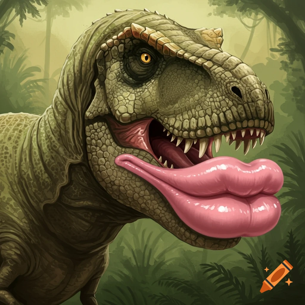 T-Rex with large, glossy pink lips in a jungle setting.