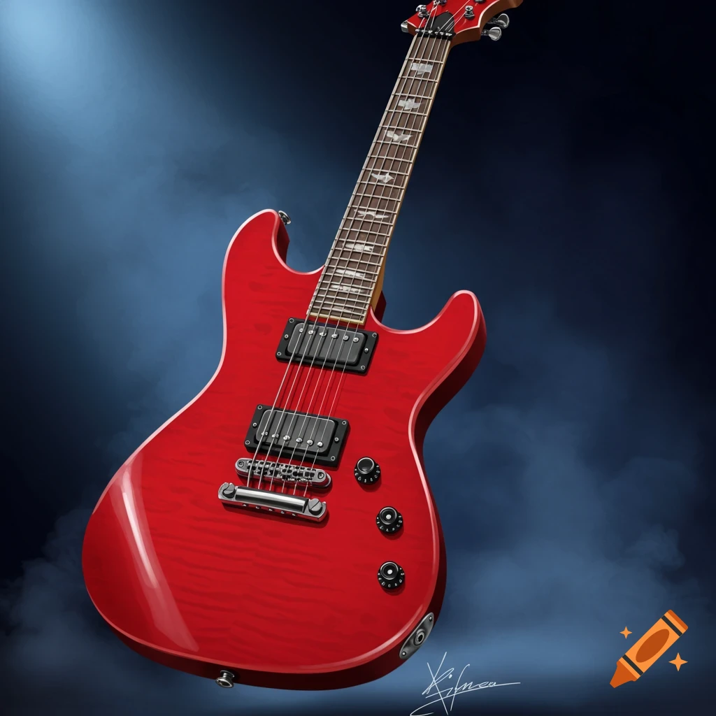 A red electric guitar on a smoky background.