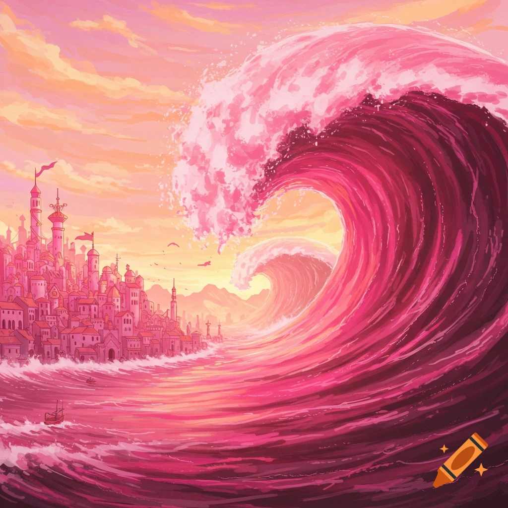 A large pink tsunami wave towers over a pink city at sunset.