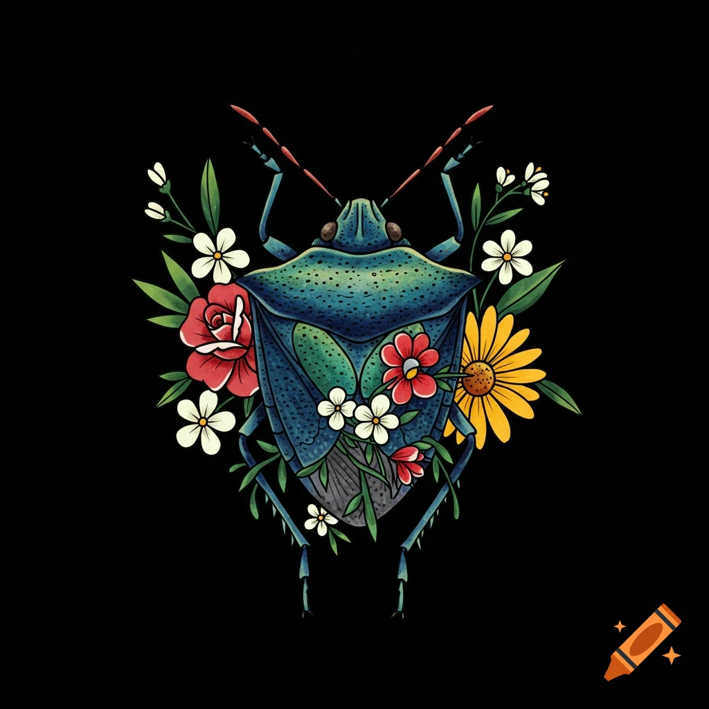 Tattoo flash illustration of a stink bug surrounded by flowers on a black background.