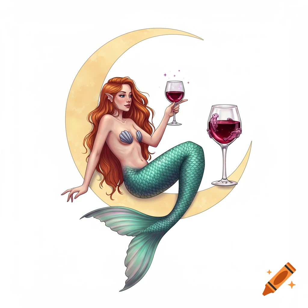 Illustration of a mermaid sitting on a crescent moon and holding a ...