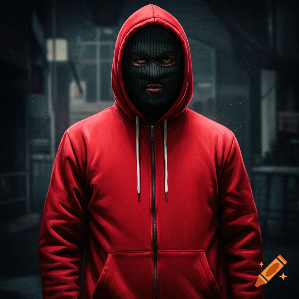 A person wearing a black ski mask and red hooded sweatshirt