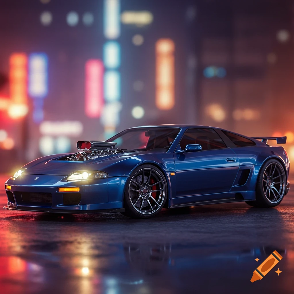 A blue sports car with a large engine visible on the hood sits on a wet street at night, city lights in the background.