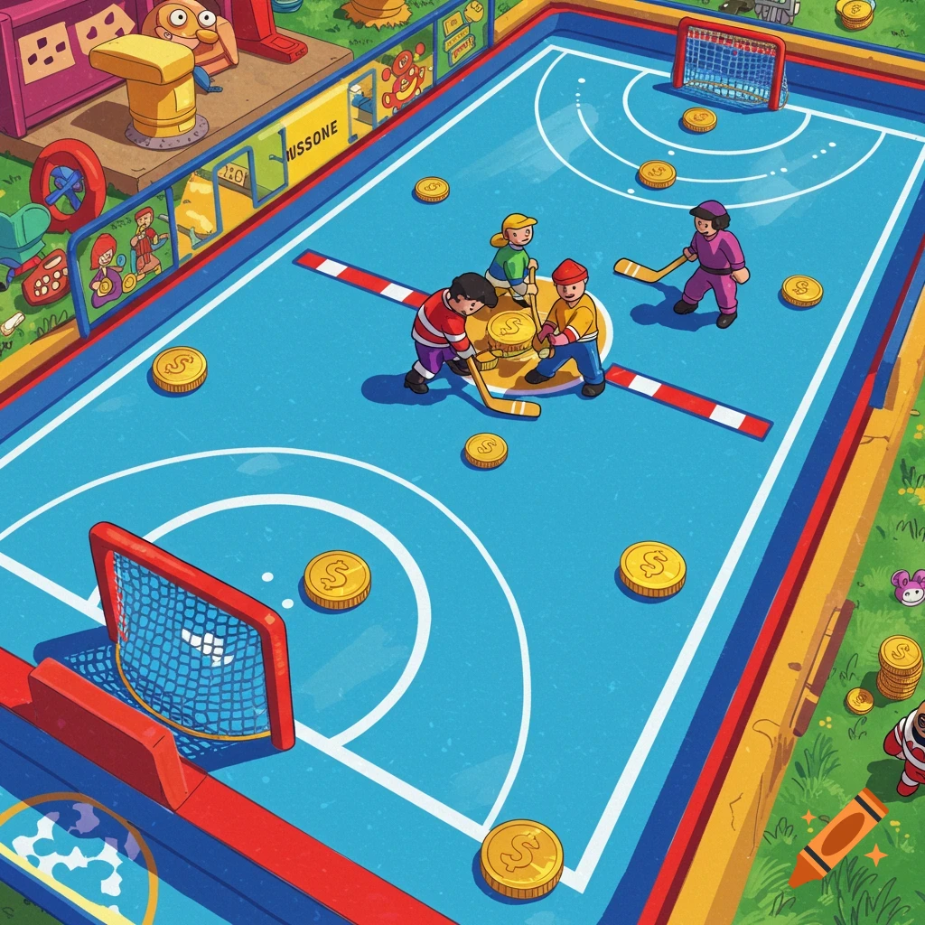 Colorful image of a miniature hockey game board with players and coins.