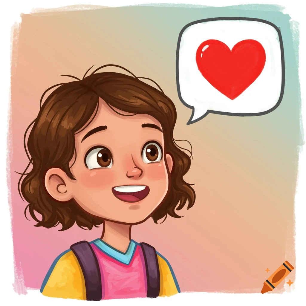 Cartoon girl smiling with a heart in a speech bubble.