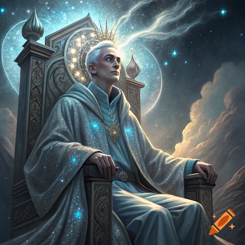A person with light hair in a shimmering robe sits on an ornate throne under a starry cosmic sky.