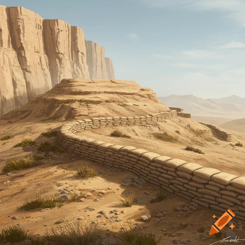 A desert landscape with a winding sandbag wall on a hill and a large cliff.