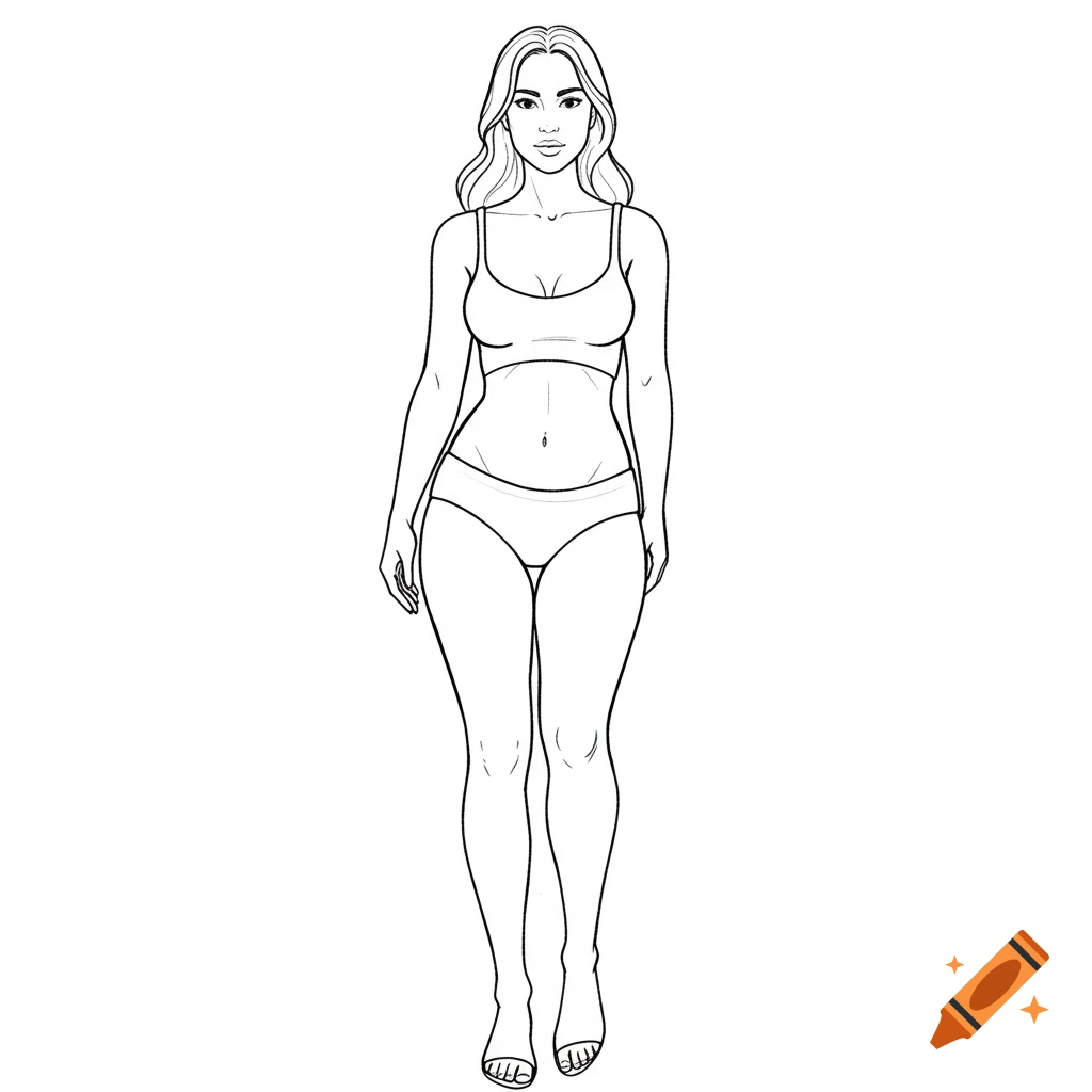 Line drawing of a standing woman wearing a bra and underwear.