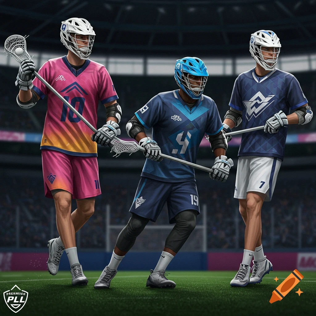 Image of three lacrosse players in different uniforms on a field