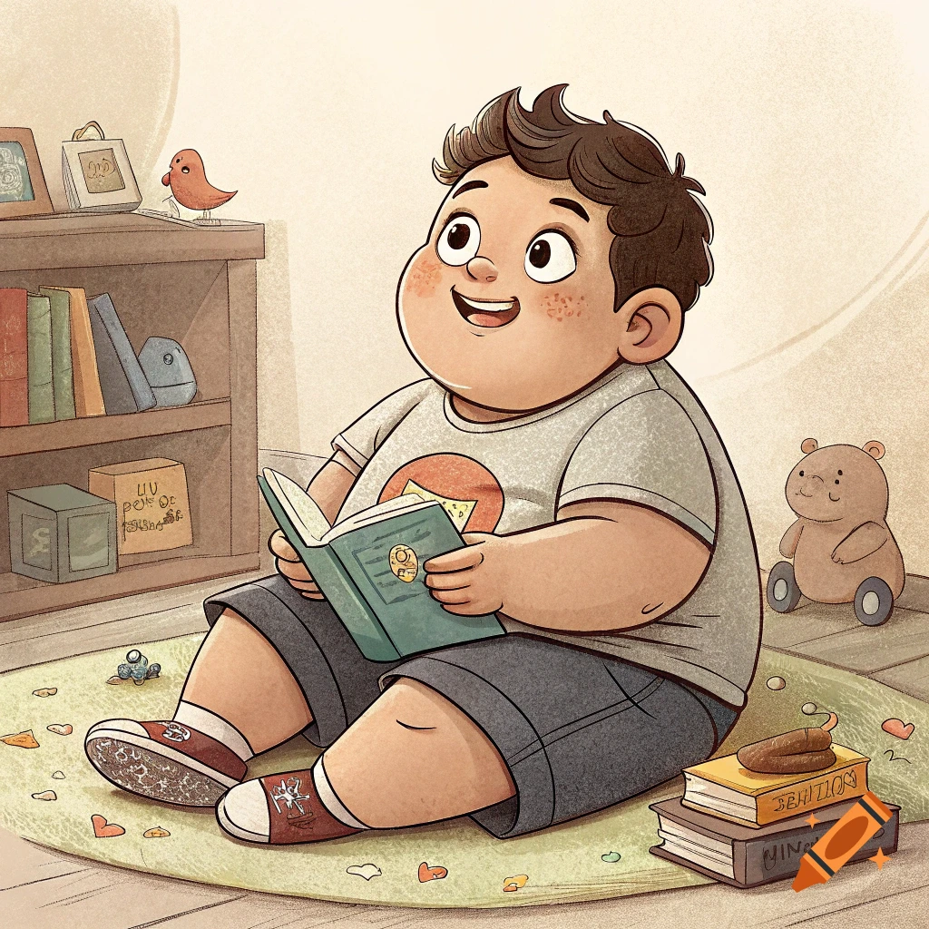 Cartoon boy sitting on a rug reading a book near a bookshelf and teddy bear.