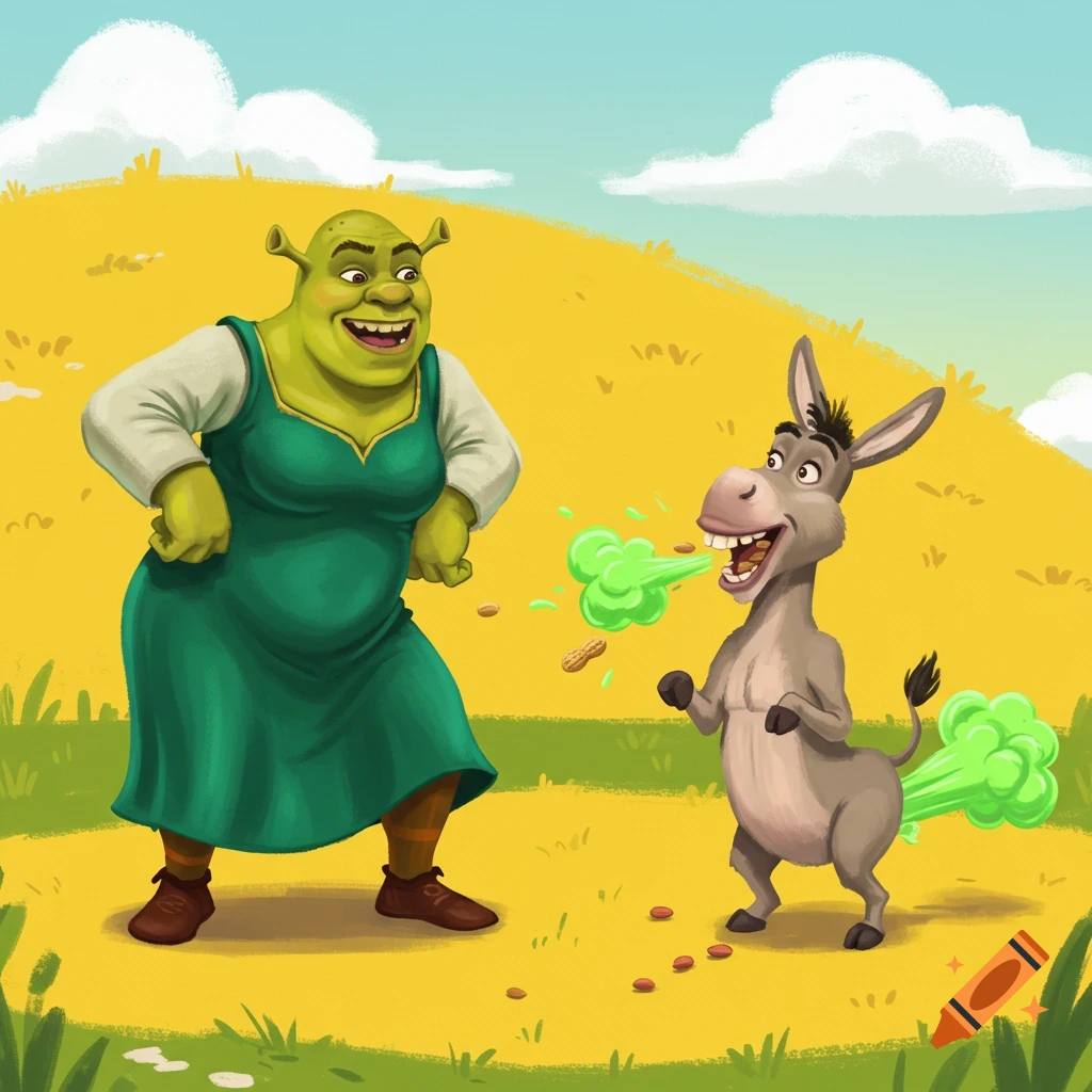 Shrek in a dress laughing next to Donkey farting green clouds and surrounded by peanuts.