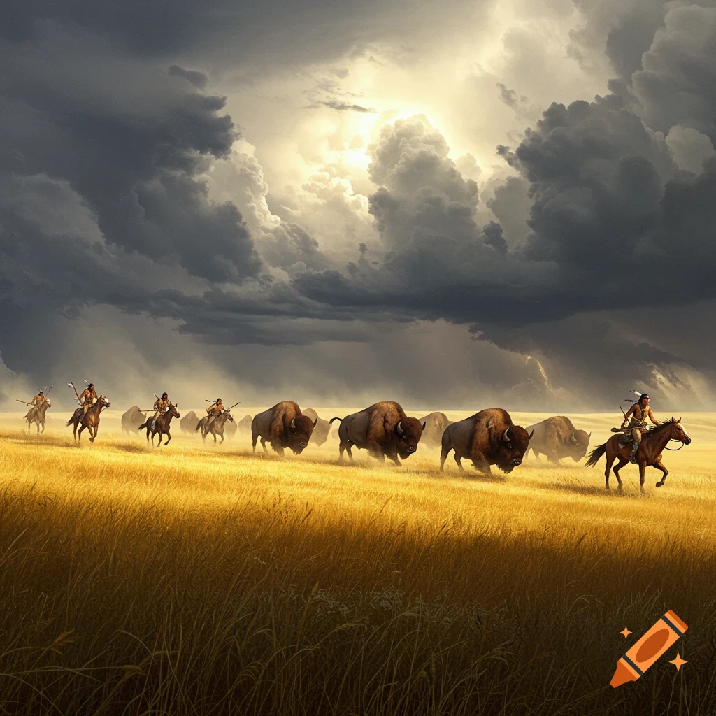 Native Americans hunt bison on horseback across a prairie under a stormy sky with sunlight.
