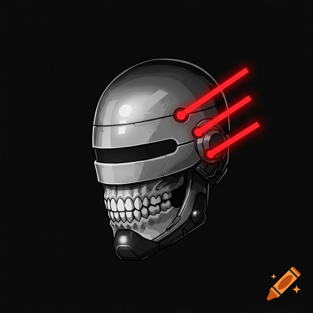 Logo design of a skeletal jaw under a silver robotic helmet with red lines
