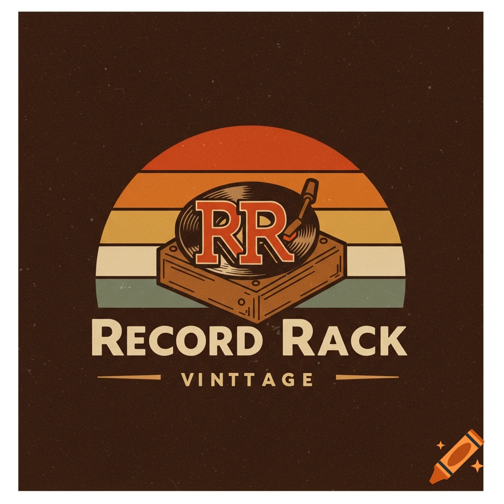 Vintage style logo with record player, RR, Record Rack, and VINTTAGE text on a brown background with a sunset design.