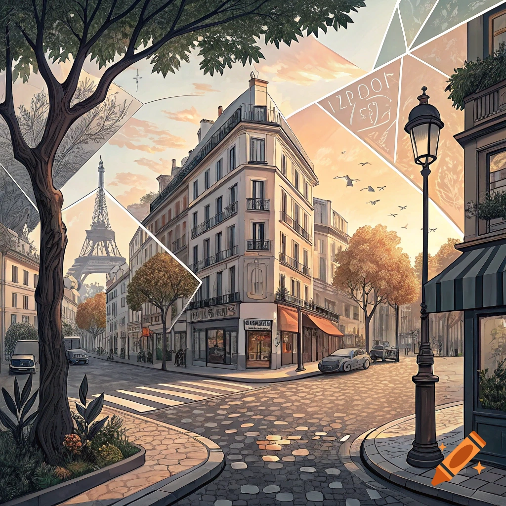 Paris street corner with buildings, trees, Eiffel Tower, and stylized geometric shapes resembling a Cubist collage.