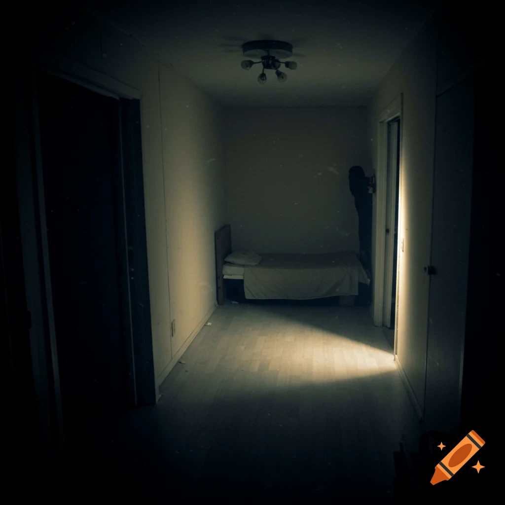 Dark, grainy image of a bare bedroom with a single bed, seen from a hallway. A tall shadow figure lurks in the far doorway.