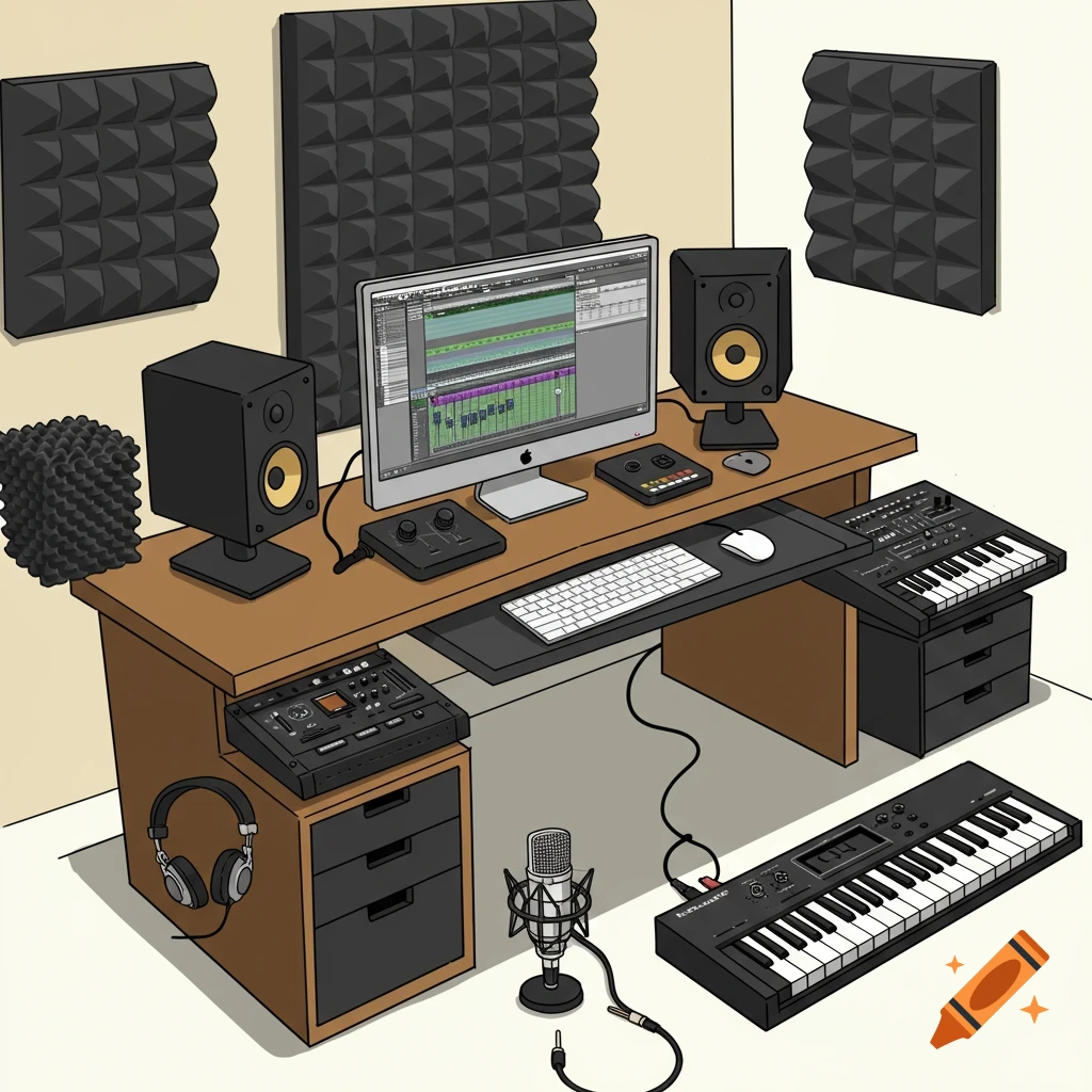 Cartoon illustration of a music recording studio desk with a computer, speakers, keyboards, microphone, and acoustic foam.