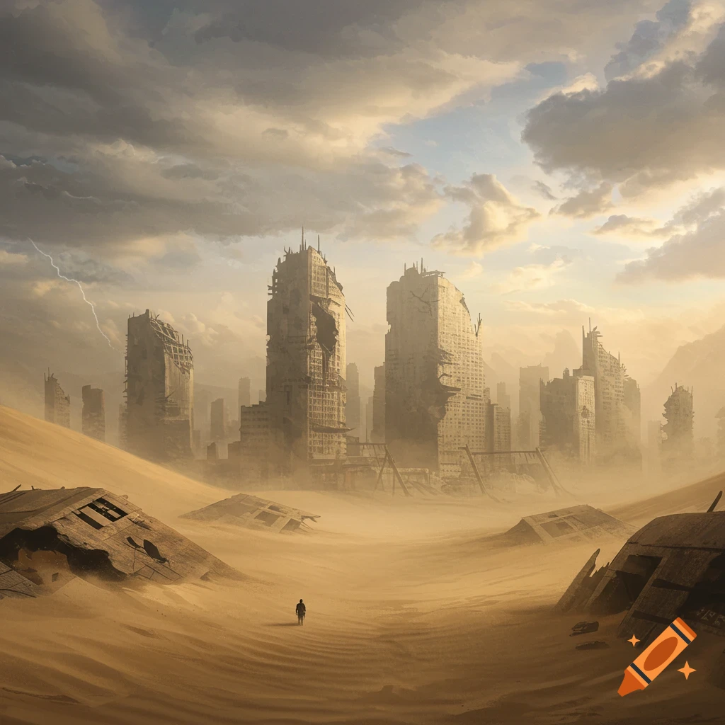 A person walks through a desert wasteland towards ruined city skyscrapers under a cloudy sky with lightning.