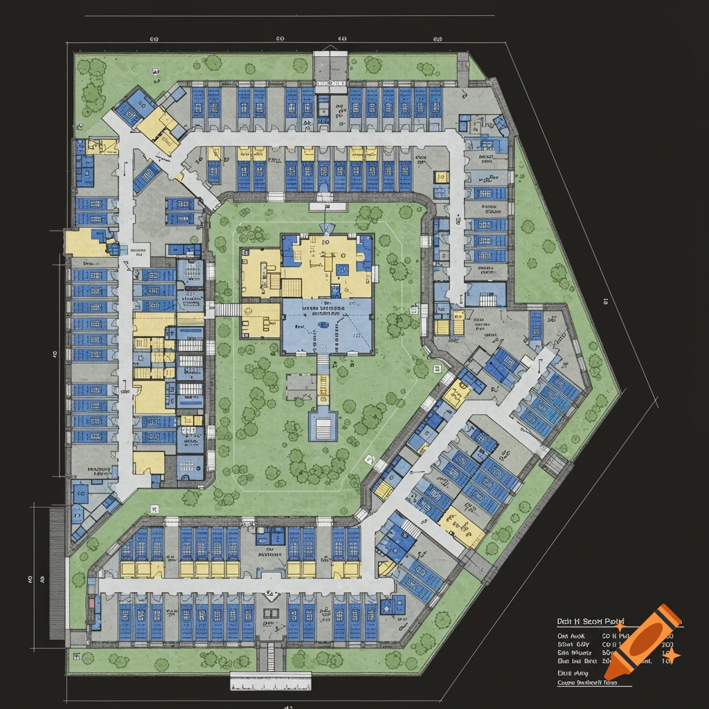 Detailed floor plan of a large building complex with various rooms, courtyards, and measurements.