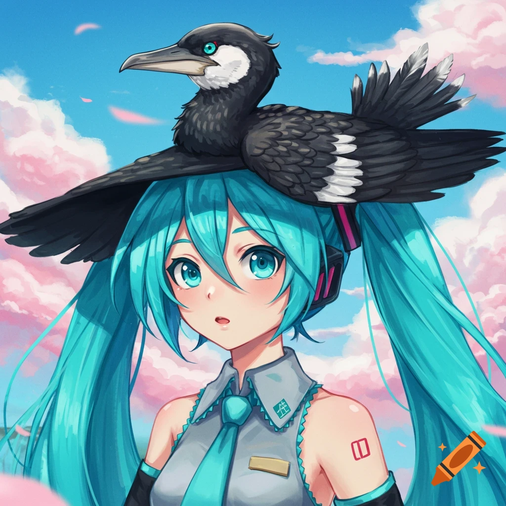Anime portrait of Hatsune Miku with a cormorant bird perched on her head against a pink cloud background.