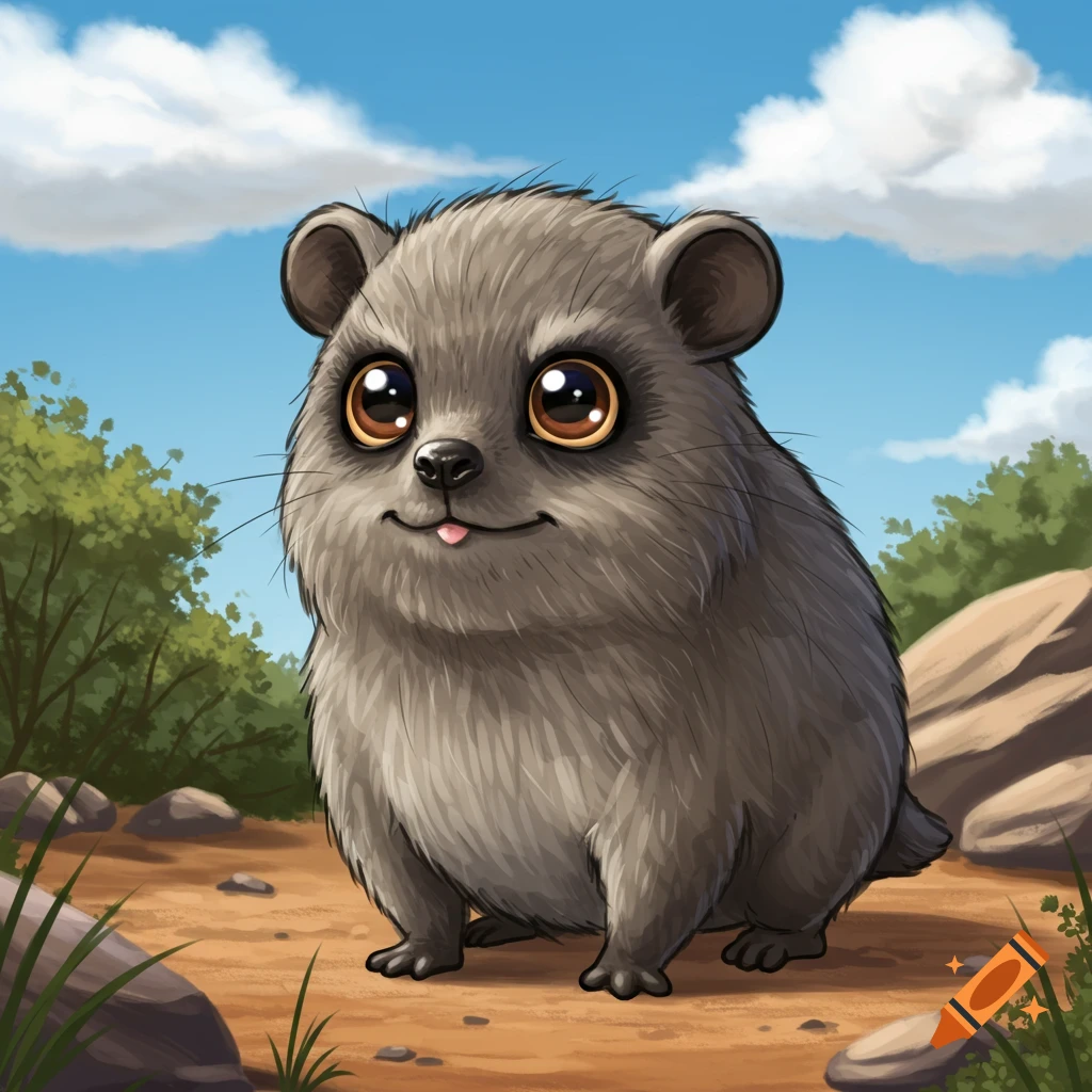 A cute cartoon hyrax with big eyes sits outdoors.