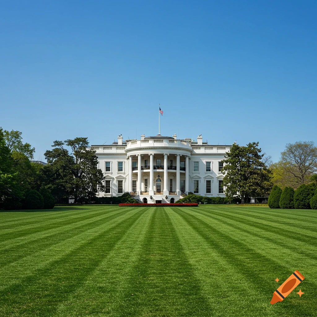The White House viewed from the front lawn under a clear blue sky
