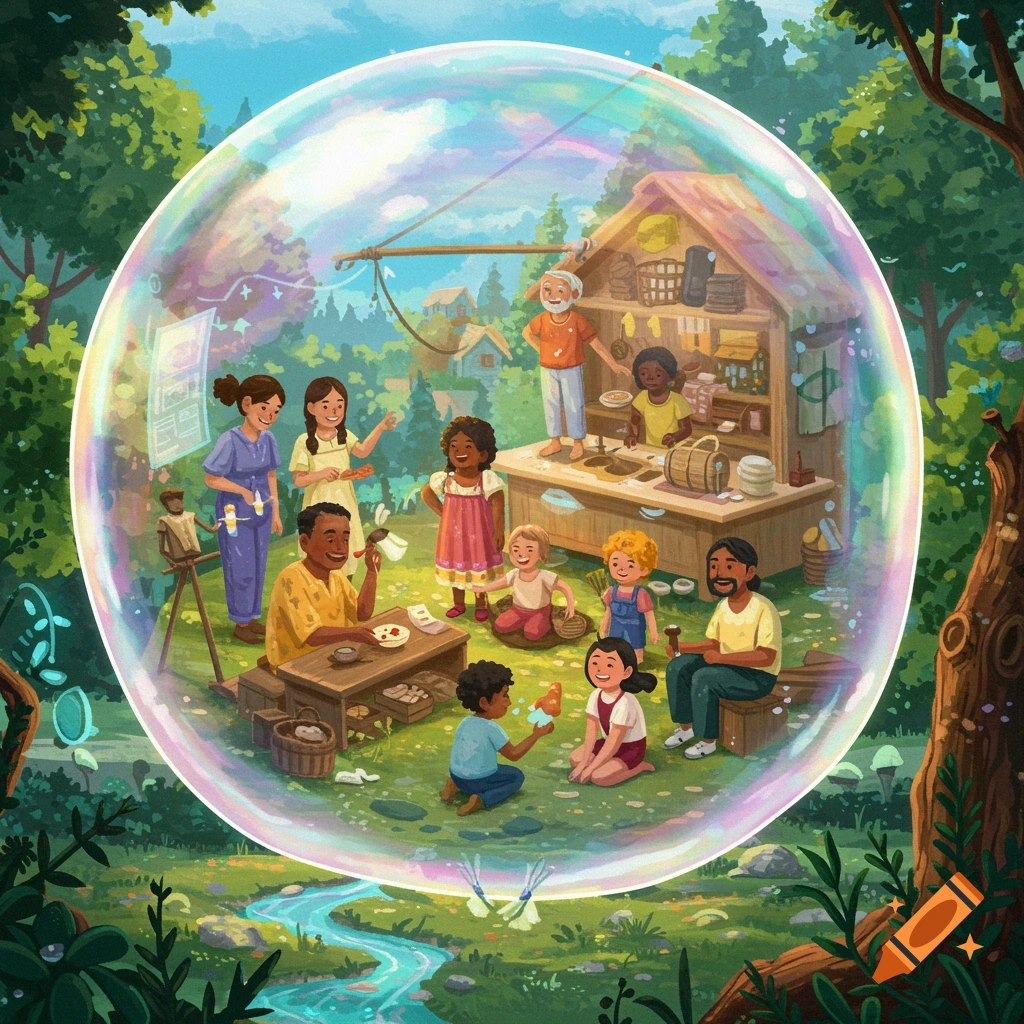 Whimsical depiction of a diverse community living inside a large, iridescent bubble in a lush forest.