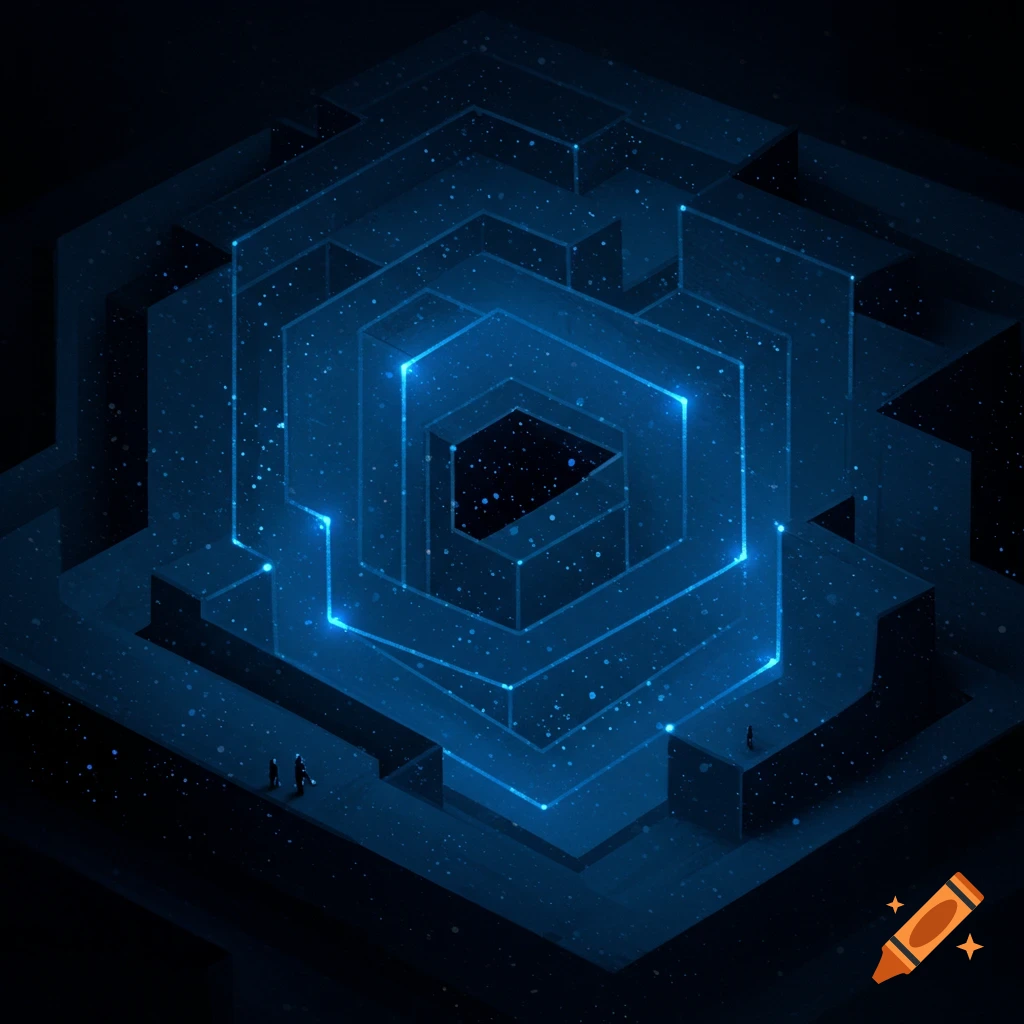 Abstract geometric maze with glowing blue lines and tiny figures on a dark background.