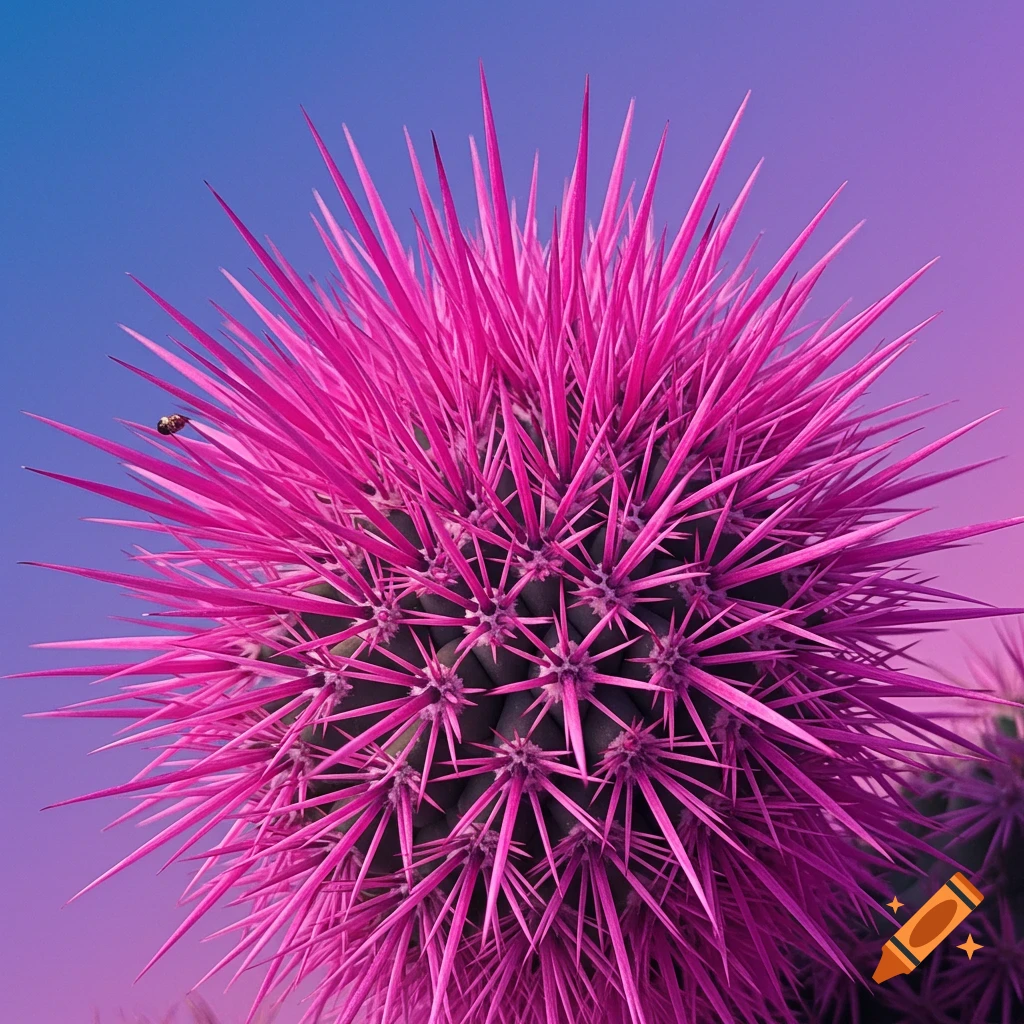 Close-up of a vibrant pink cactus with a ladybug on a gradient background.
