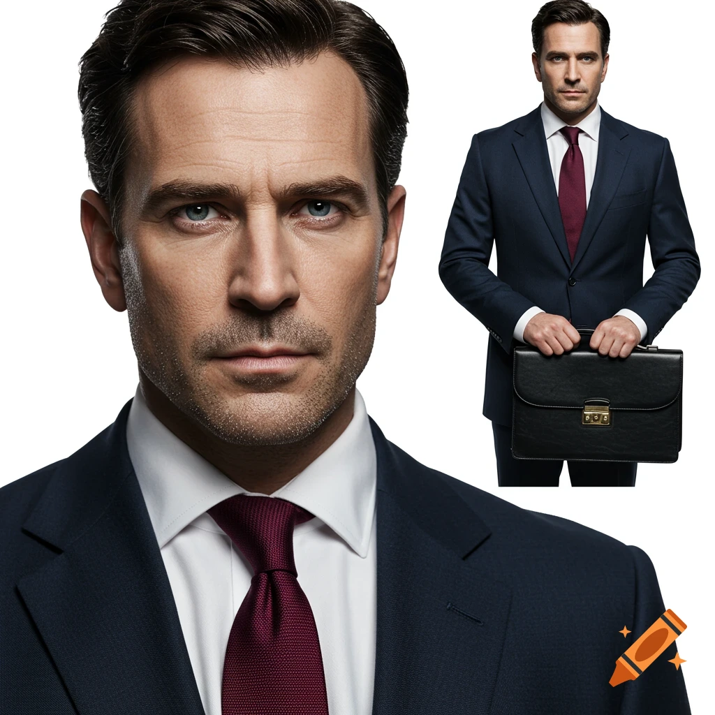Photorealistic image of a man in a suit with a briefcase.