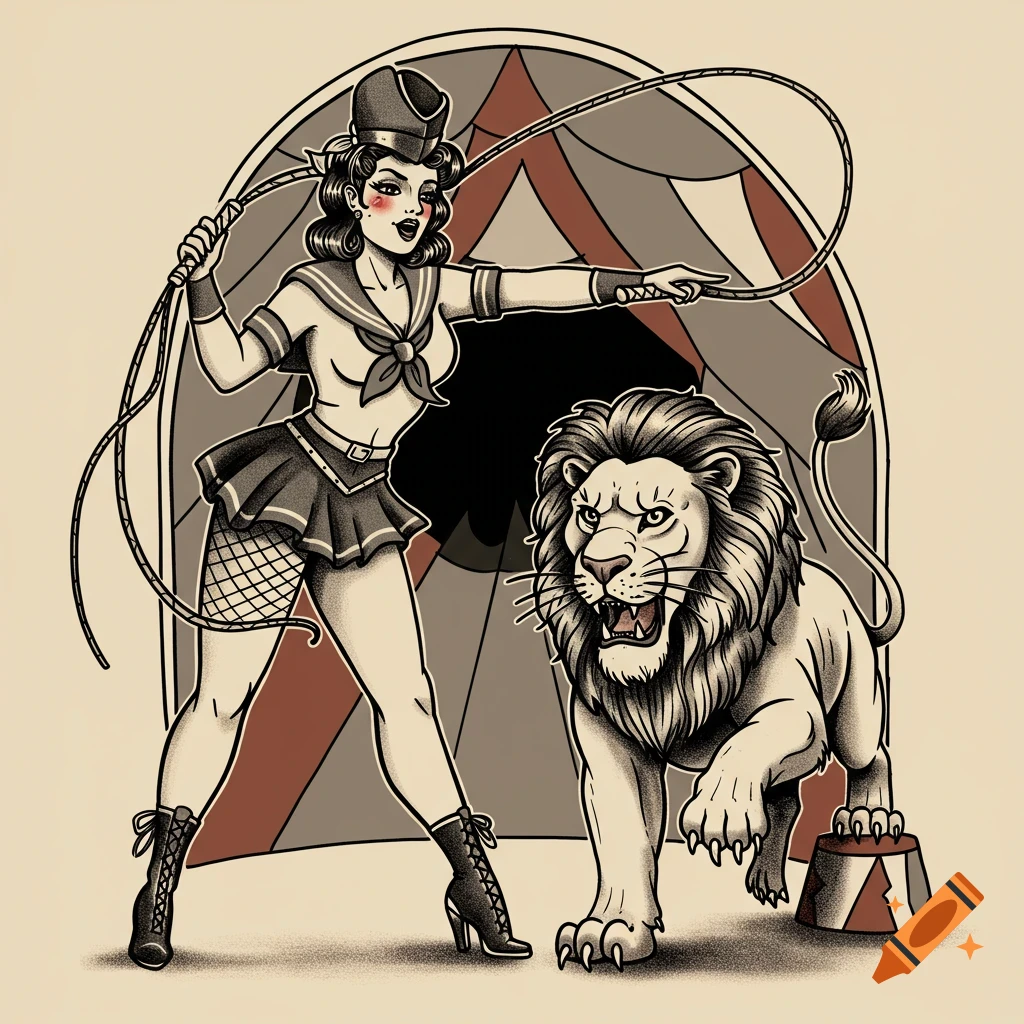Illustration of a female lion tamer with a whip and lion in traditional tattoo style.