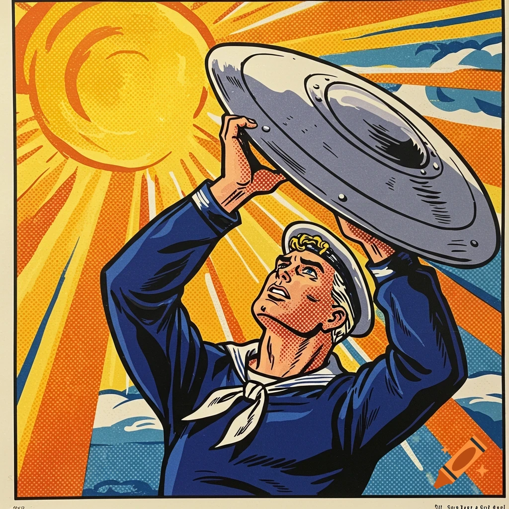 Pop art image of a sailor shielding himself from the sun with a metallic shield.