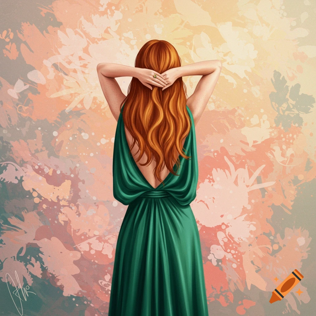 A woman with long red hair in a green dress is seen from the back.