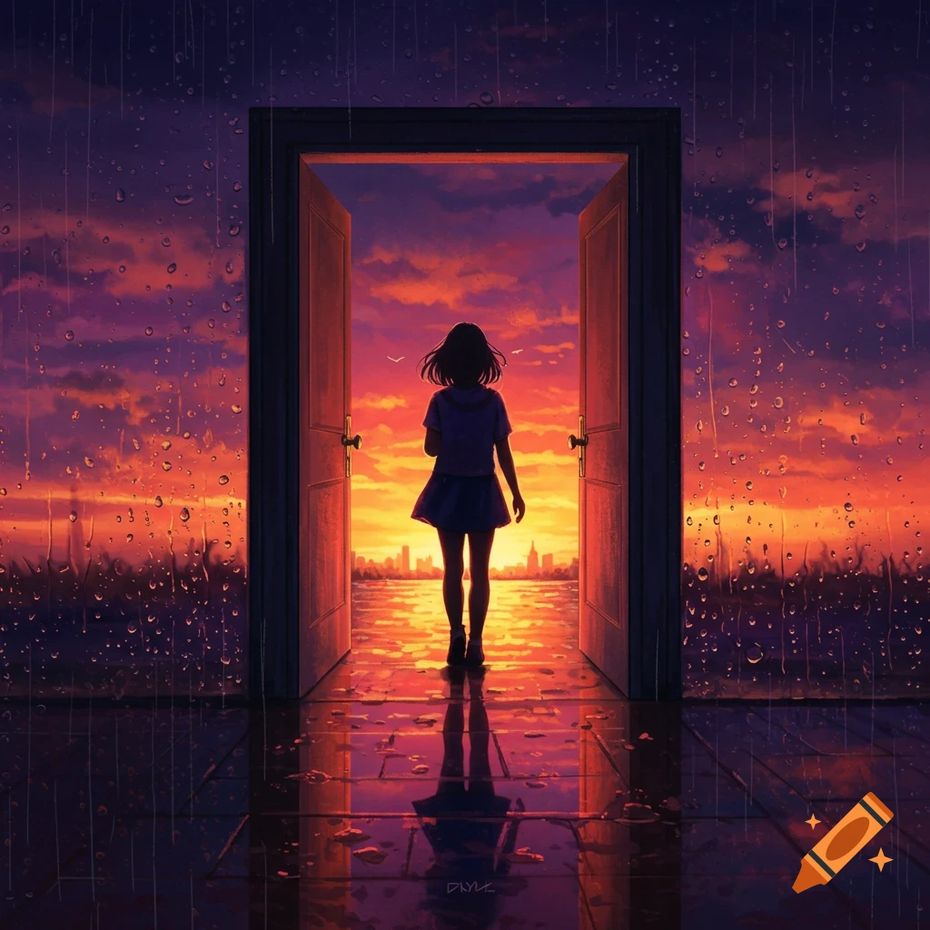 Anime girl stands at an open door looking out at a rainy sunset over a city skyline, with reflection.