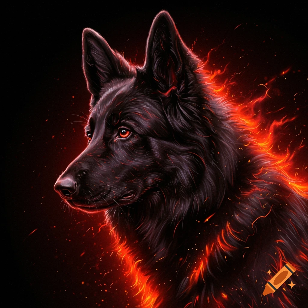 A black dog with red fiery fur accents on a black background