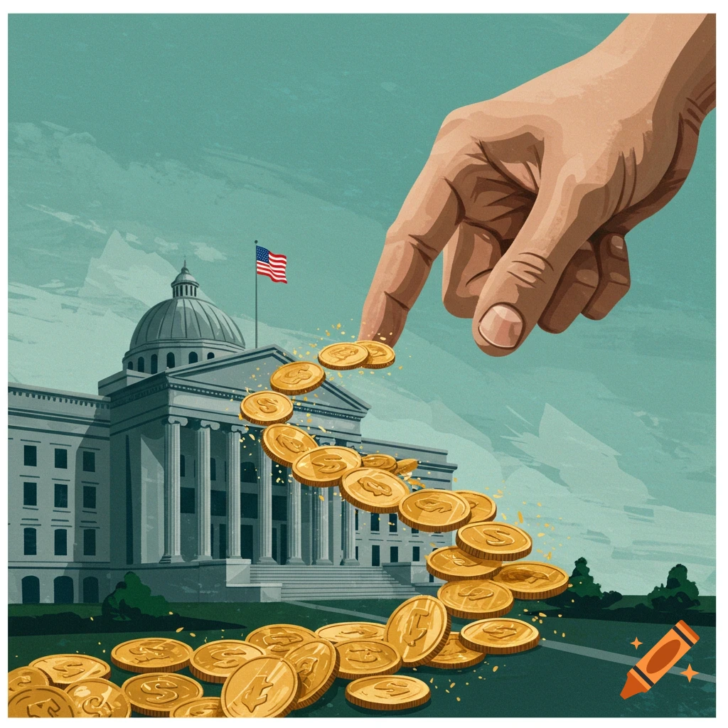 A large hand drops gold coins onto the ground in front of a government building with an American flag.