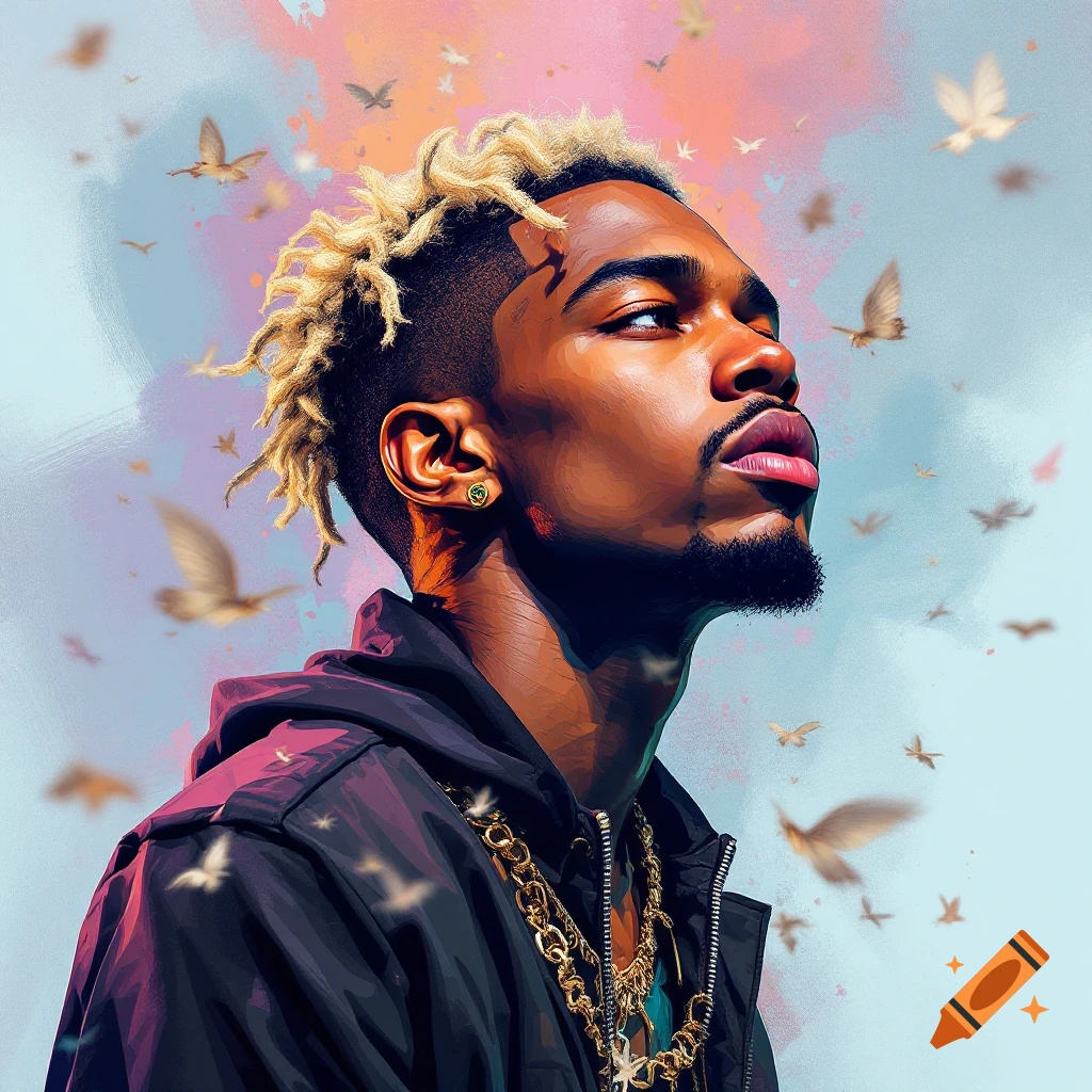 A man with dreadlocks is looking up, surrounded by birds